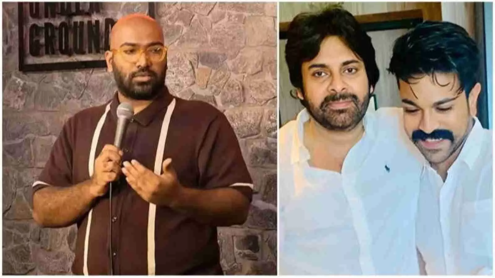 स्टैंड-अप कॉमेडियन अनुदीप कटिकाला और दक्षिण भारतीय अभिनेता पवन कल्याण व राम चरण की कोलाज तस्वीर।