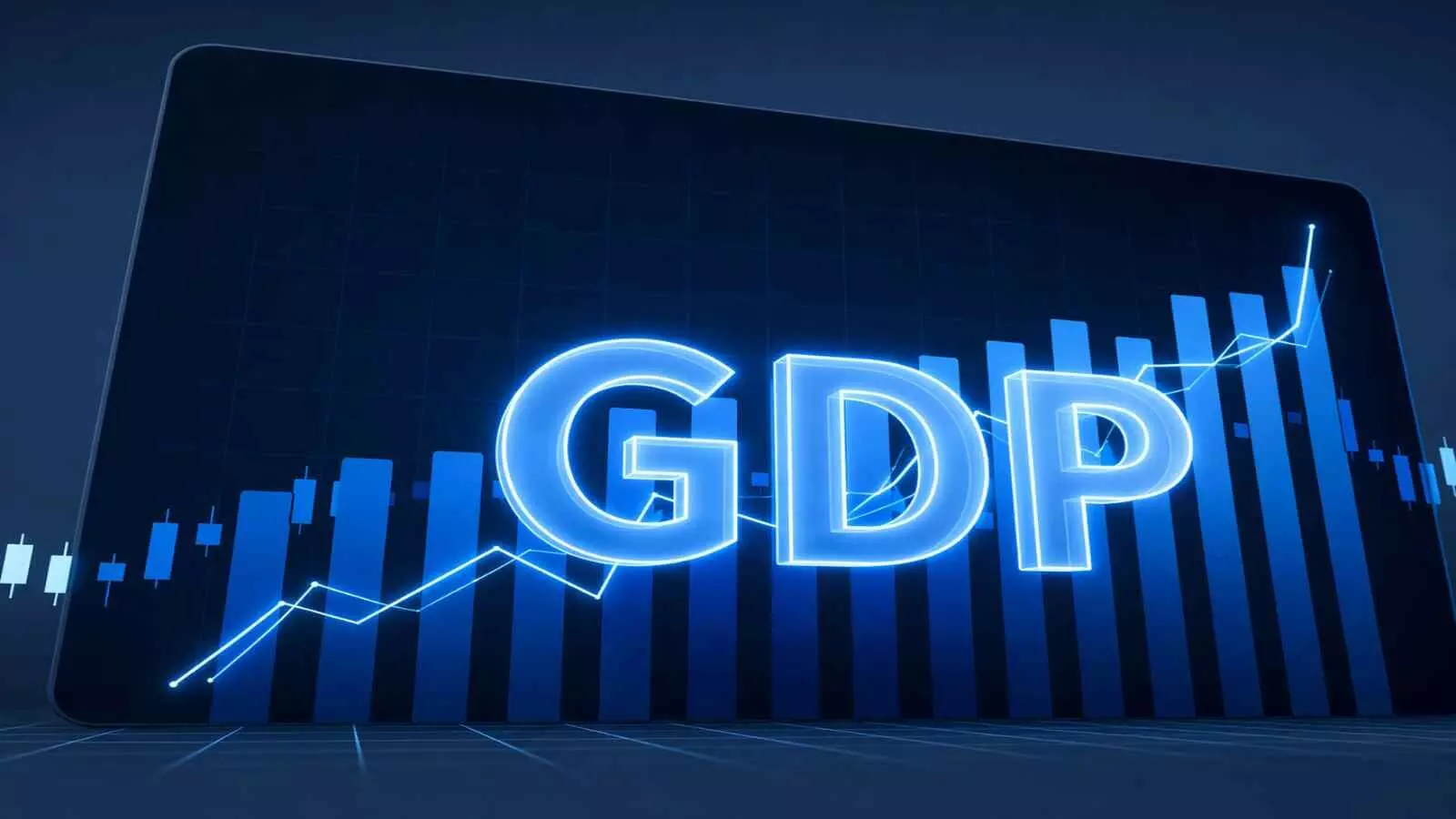 नीले रंग के डिजिटल ग्राफिक्स पर जीडीपी अक्षर और बढ़ते हुए आर्थिक चार्ट का चित्रण।
