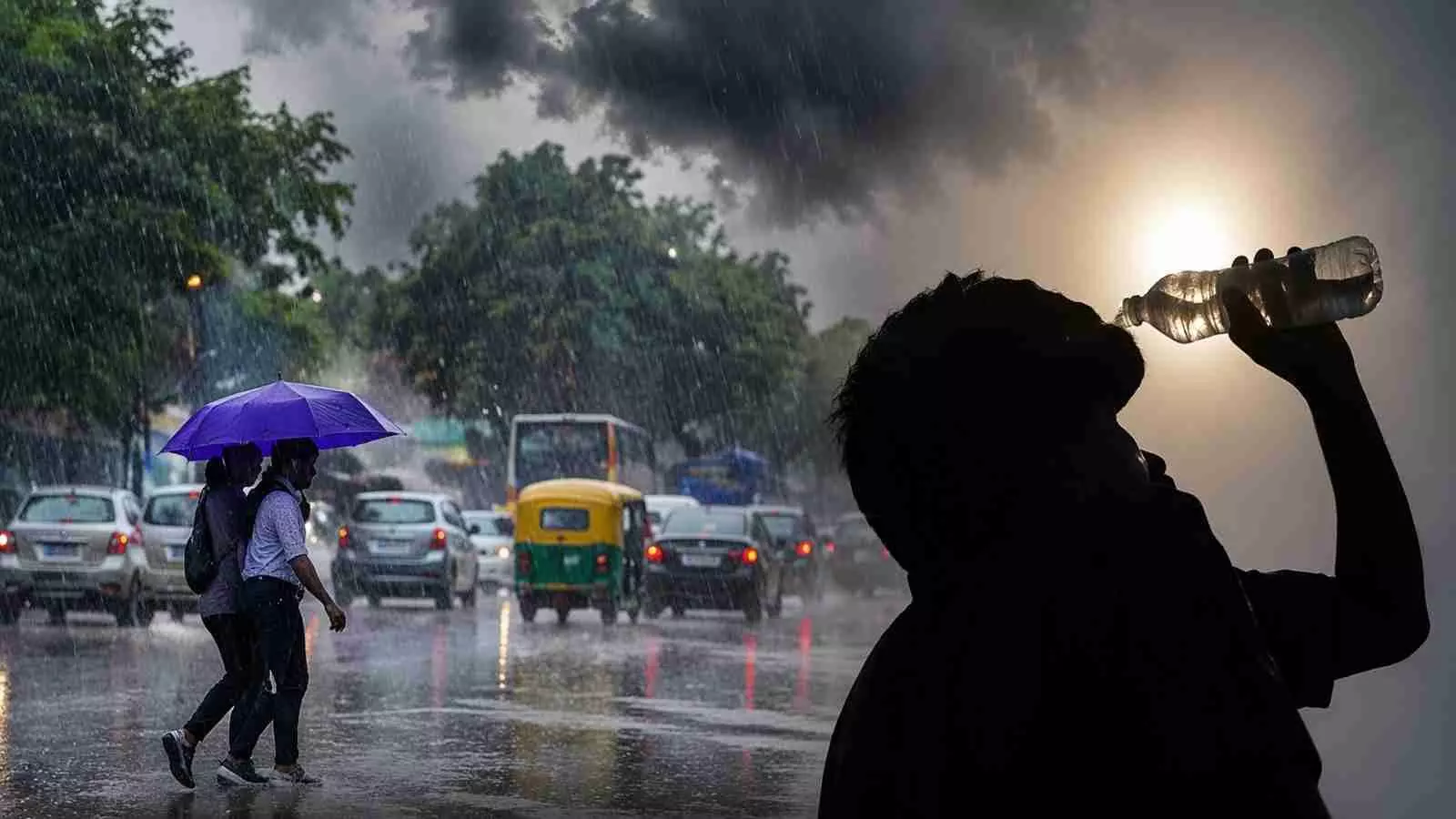 बारिश में छाता लेकर सड़क पार करते लोग और युवक का पानी पीते हुए दृश्य बारिश में छाता लेकर सड़क पार करते लोग और युवक का पानी पीते हुए दृश्य