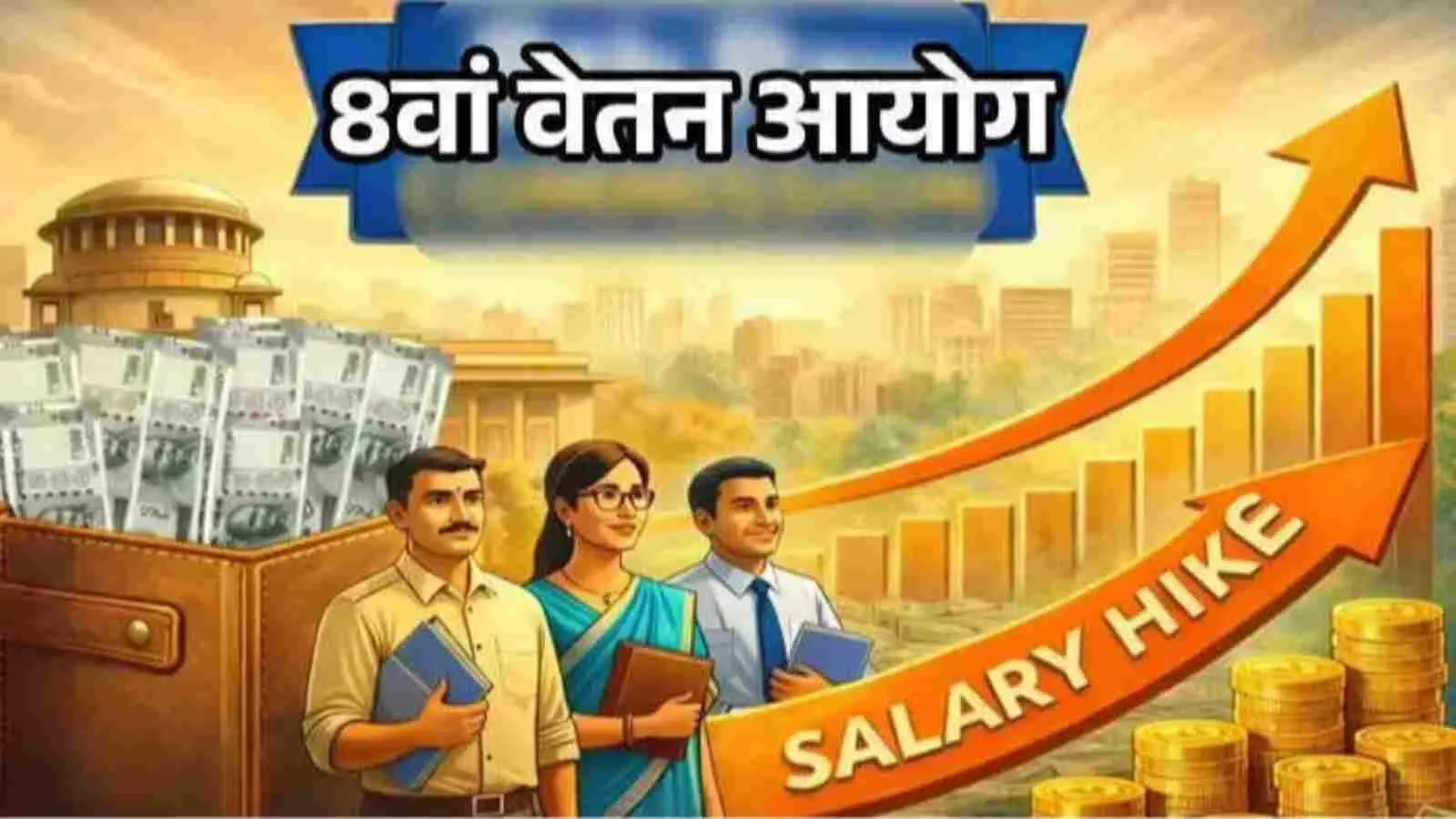 सरकारी कार्यालय के बाहर खड़े प्रसन्न कर्मचारी और बढ़ते वेतन ग्राफ का प्रतीकात्मक चित्रण