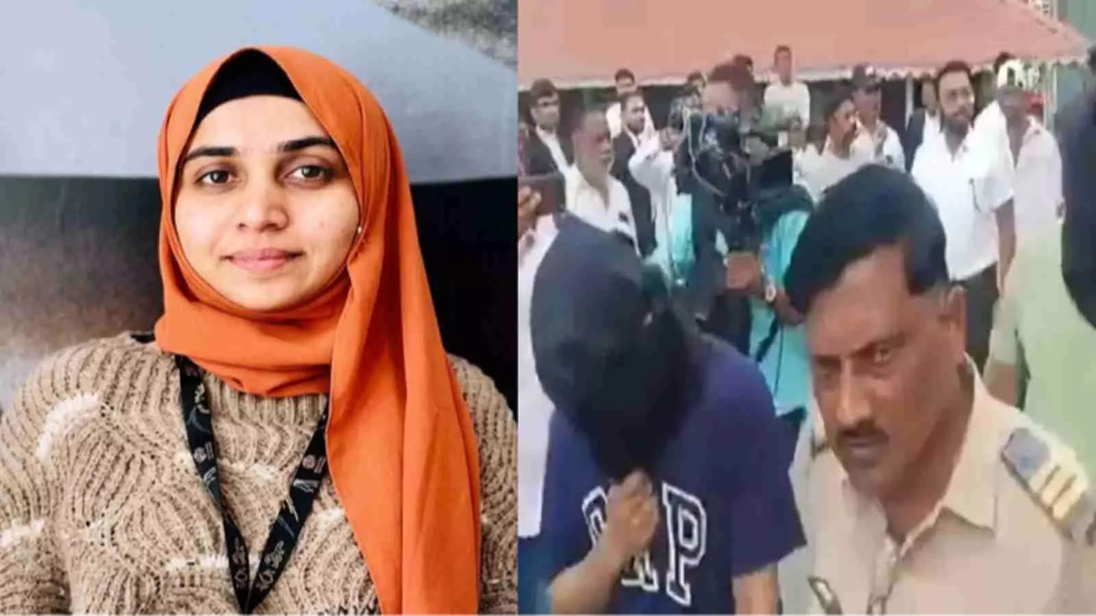 बाएं ओर निदा खान का चित्र और दाहिने ओर नासिक पुलिस कर्मियों के साथ आरोपी