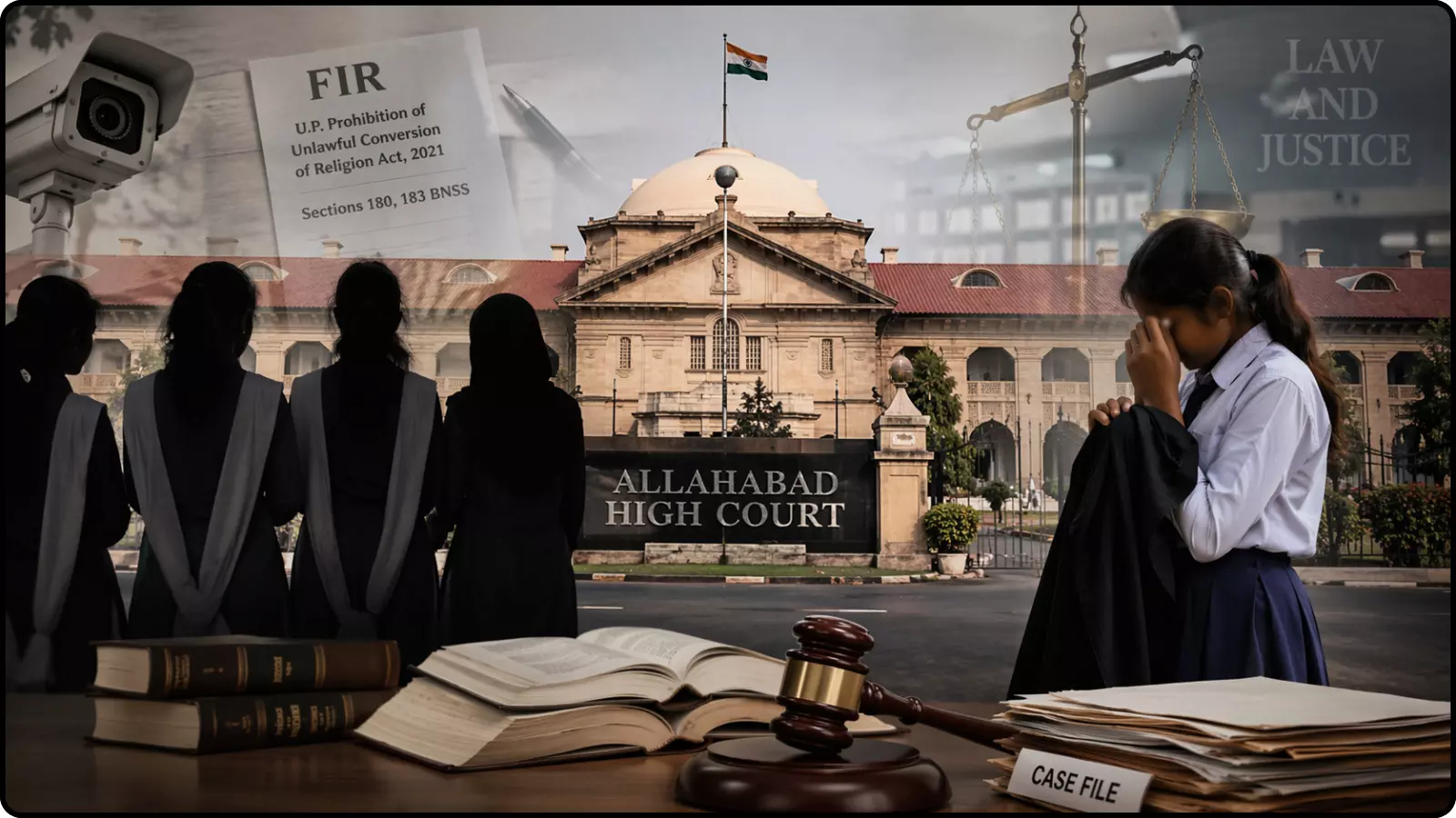 इलाहाबाद हाईकोर्ट भवन के सामने खड़ी छात्राओं के साये और कानूनी दस्तावेजों का एआई द्वारा बनाया गया दृश्य।