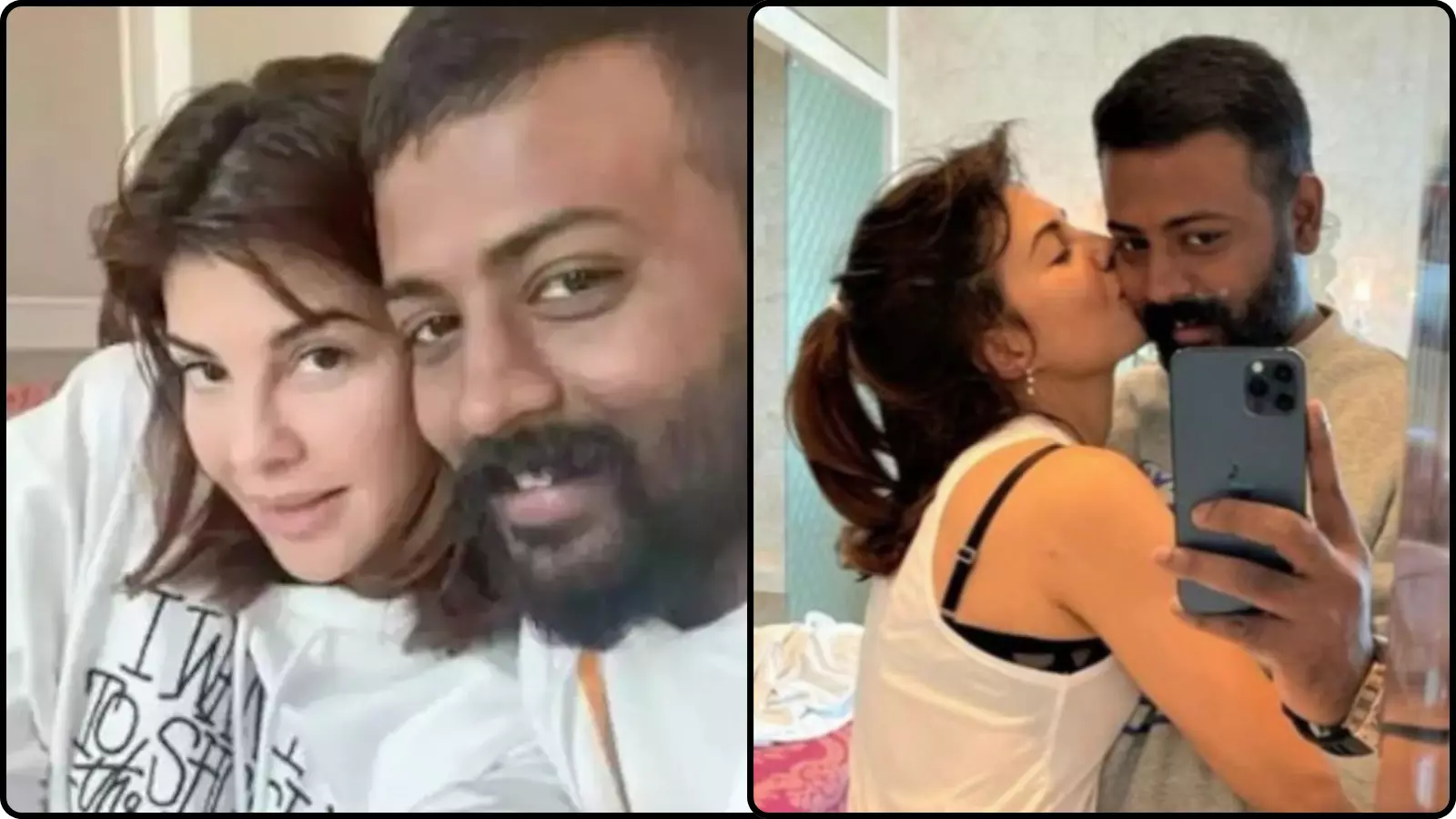 कोलाज में सुकेश चंद्रशेखर को जैकलीन फर्नांडिस के साथ और जैकलीन को सुकेश के गाल पर किस करते हुए देखा जा सकता है।