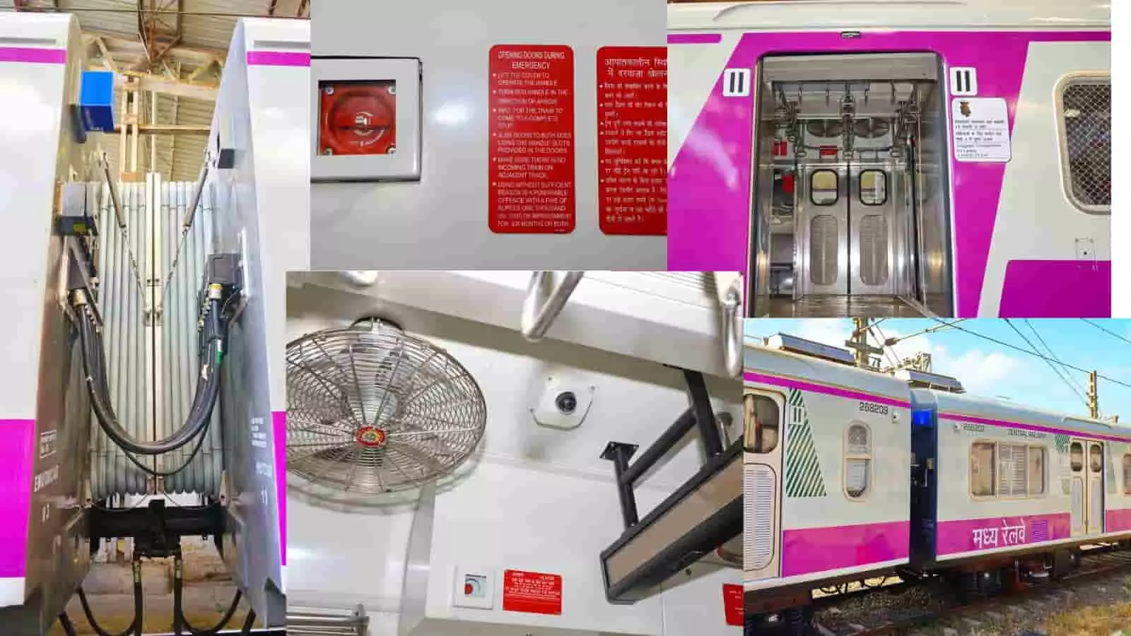 कुर्ला कार शेड में खड़ी स्वचालित दरवाजा प्रणाली वाली नीली और सफेद रंग की 12-कोच नॉन-एसी मेधा लोकल ट्रेन।