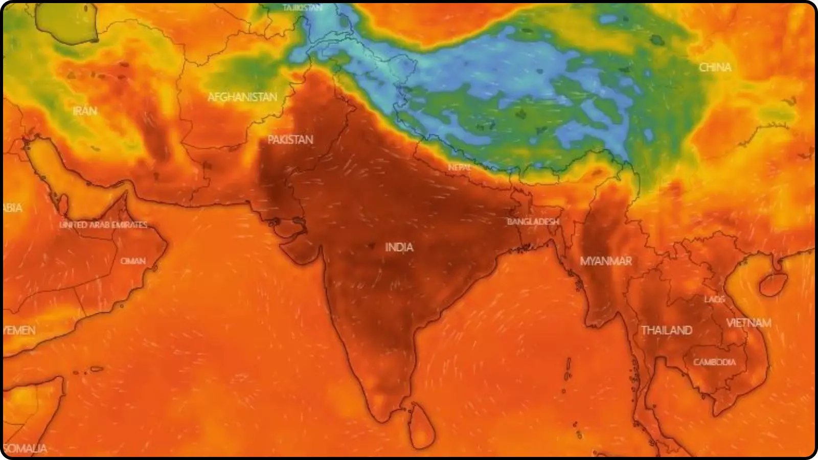 भारत और दक्षिण एशिया का थर्मल मैप बढ़ते तापमान और गर्मी की तीव्रता को दर्शाता हुआ। भारत और दक्षिण एशिया का थर्मल मैप बढ़ते तापमान और गर्मी की तीव्रता को दर्शाता हुआ।