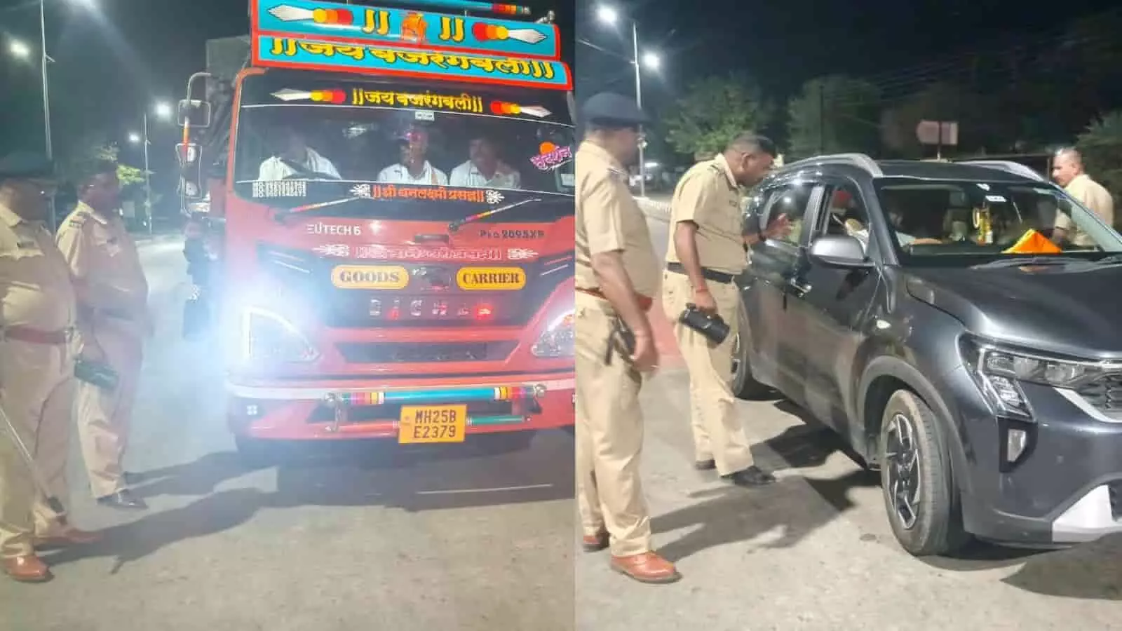 लातूर में विशेष पुलिस टीम सड़क पर नाकाबंदी के दौरान वाहनों की जांच करते हुए।