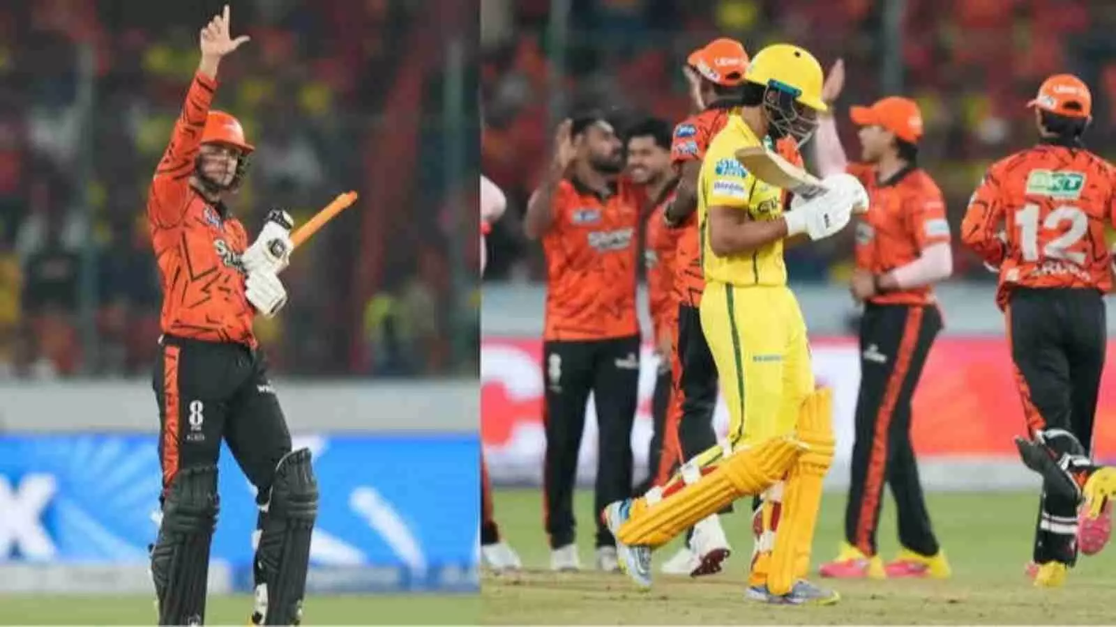 क्रिकेट मैदान पर नारंगी और पीली जर्सी पहने खिलाड़ी मैच के दौरान एक साथ खड़े हुए।