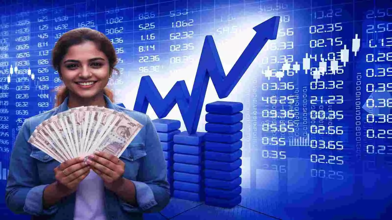 एक महिला भारतीय मुद्रा के नोट पकड़े हुए और पृष्ठभूमि में डिजिटल क्रिप्टोकरेंसी चार्ट। एक महिला भारतीय मुद्रा के नोट पकड़े हुए और पृष्ठभूमि में डिजिटल क्रिप्टोकरेंसी चार्ट।