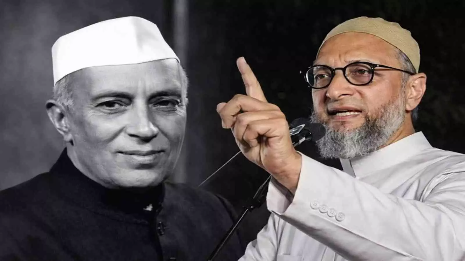 जनसभा में भाषण देते असदुद्दीन ओवैसी और पृष्ठभूमि में जवाहरलाल नेहरू का चित्र।