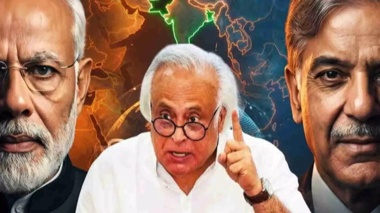 प्रेस कॉन्फ्रेंस में बोलते जयराम रमेश के साथ प्रधानमंत्री मोदी और आसिम मुनीर के चित्र वाली ग्राफिक इमेज।