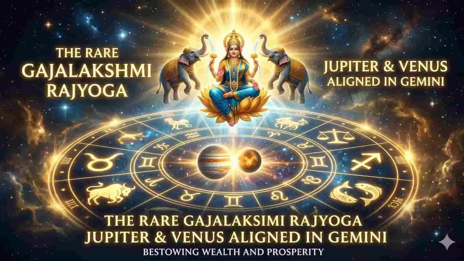 मिथुन राशि में गुरु शुक्र युति से बना गजलक्ष्मी राजयोग और चमकते सितारों का प्रतीकात्मक चित्रण। Image generated by AI for illustrative purposes. मिथुन राशि में गुरु शुक्र युति से बना गजलक्ष्मी राजयोग और चमकते सितारों का प्रतीकात्मक चित्रण। Image generated by AI for illustrative purposes.