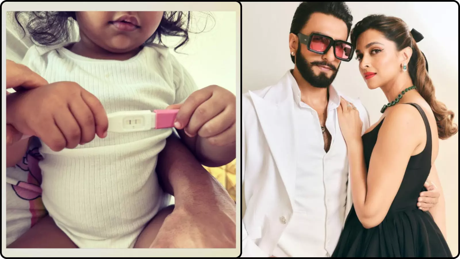 सफेद कोट में रणवीर सिंह और काली पोशाक में दीपिका पादुकोण गर्भावस्था की घोषणा के संदर्भ में दिख रहे हैं।