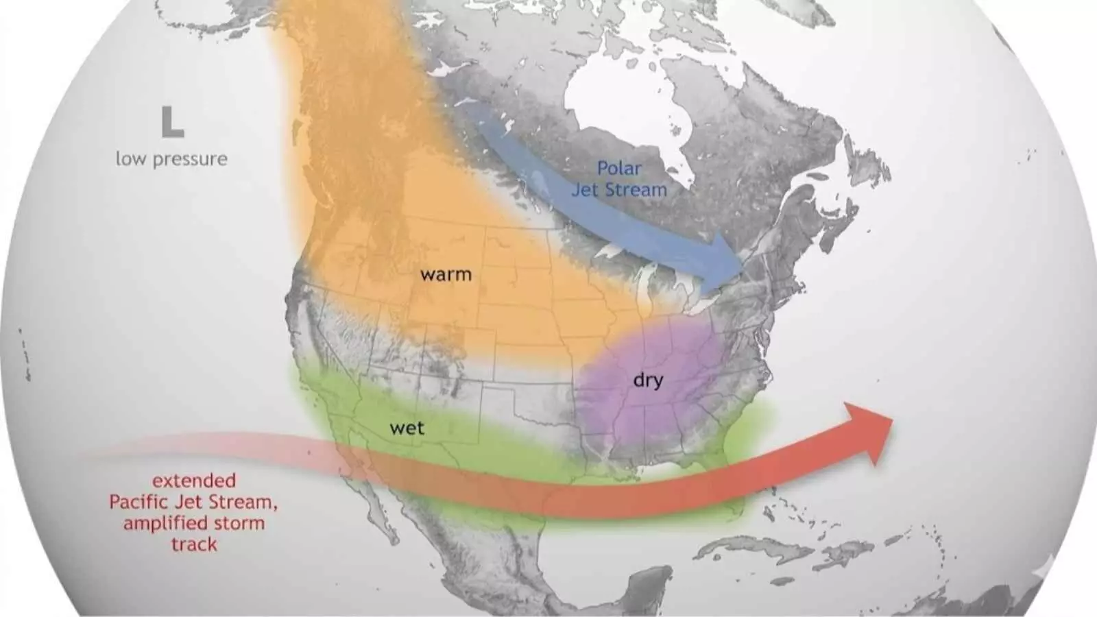 मानचित्र पर रंगीन तीरों और बादलों के माध्यम से अल नीनो के प्रभाव को दर्शाया गया है। मानचित्र पर रंगीन तीरों और बादलों के माध्यम से अल नीनो के प्रभाव को दर्शाया गया है।
