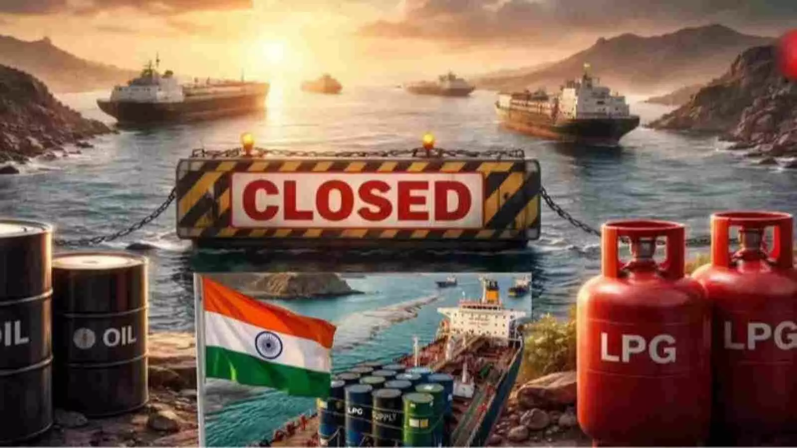 भारतीय तिरंगे और गैस सिलेंडरों के साथ समुद्र में जहाजों के सामने बंद का बोर्ड लगा है। भारतीय तिरंगे और गैस सिलेंडरों के साथ समुद्र में जहाजों के सामने बंद का बोर्ड लगा है।