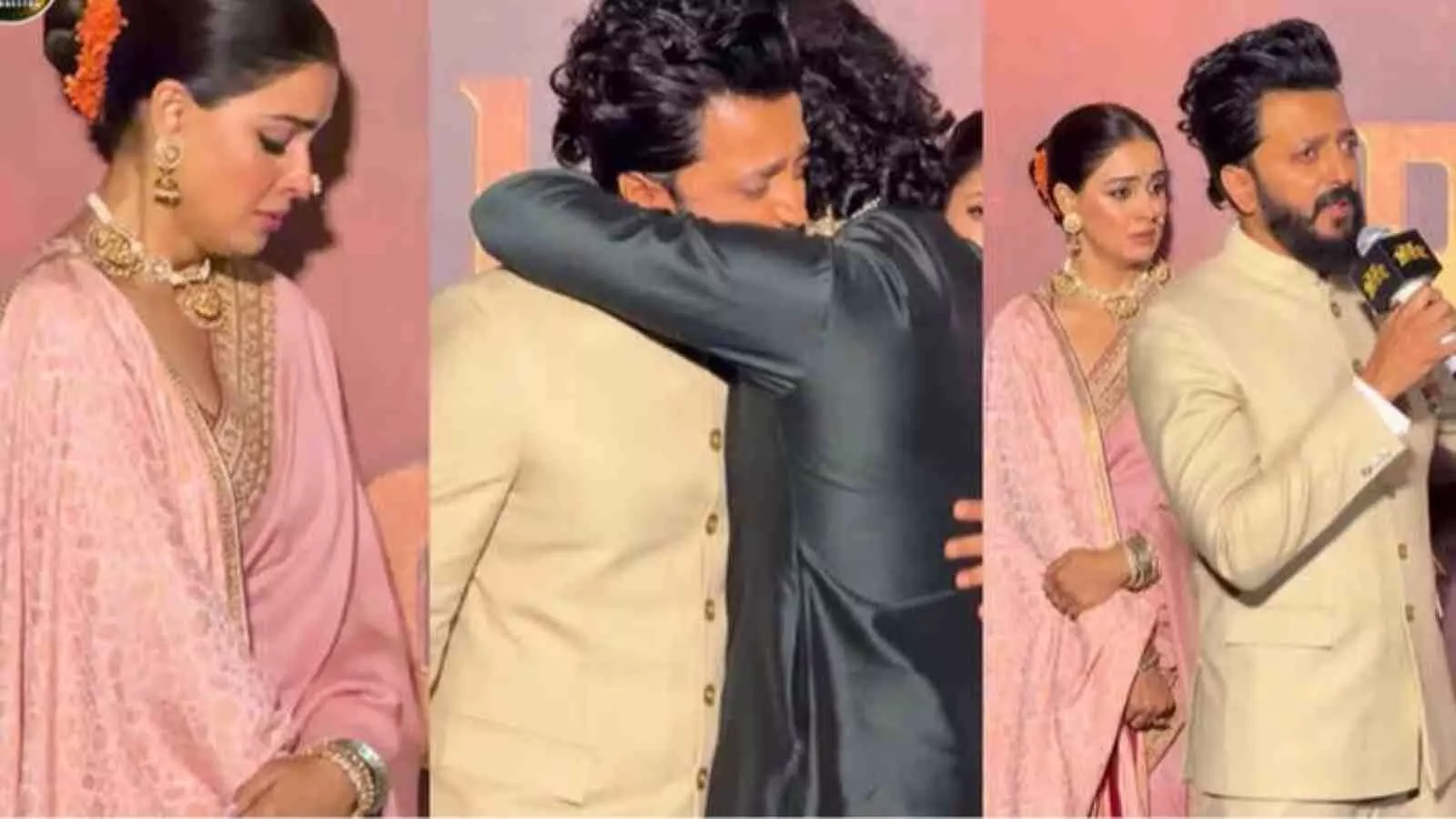 मंच पर रितेश देशमुख और जेनेलिया डिसूजा भावुक मुद्रा में फिल्म कार्यक्रम के दौरान दिख रहे हैं।