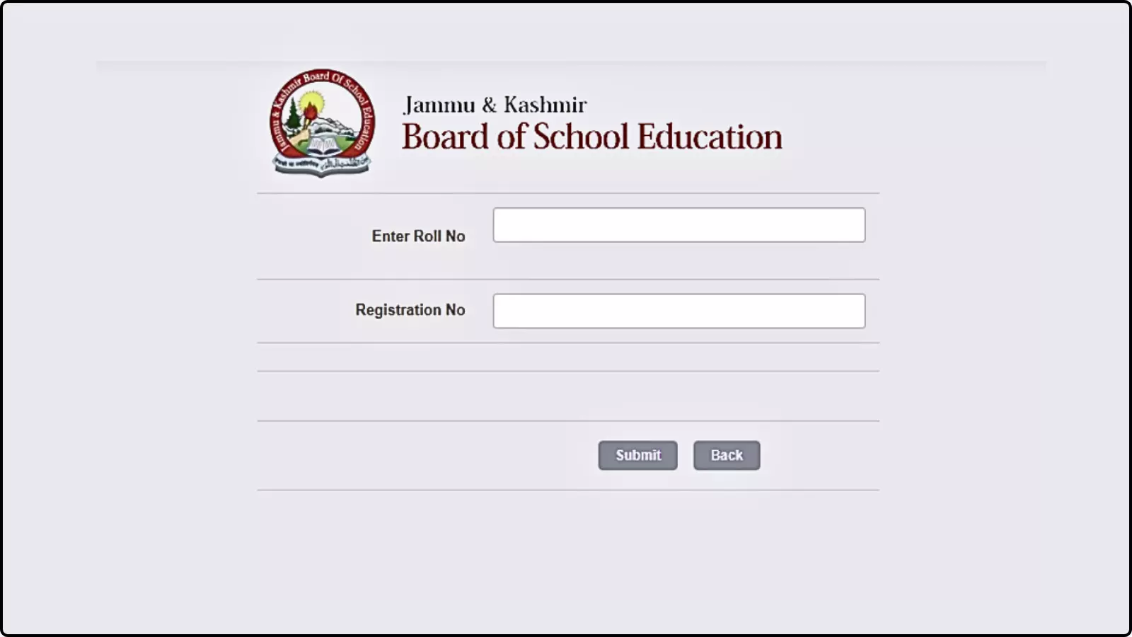 जेकेबीओएसई आधिकारिक वेबसाइट का लॉगिन पेज जहाँ कक्षा 10वीं परिणाम देखने के लिए रोल नंबर और पंजीकरण बॉक्स दिख रहे हैं।