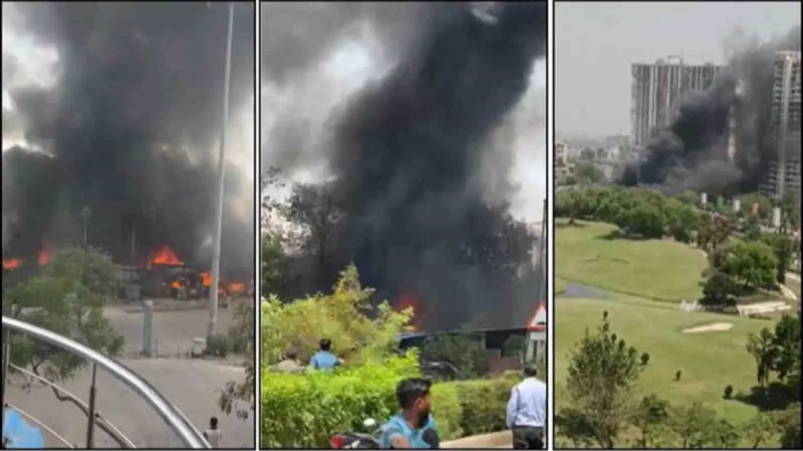 गाजियाबाद के क्रॉसिंग रिपब्लिक इलाके में एक मार्केट में आग लगने के बाद आसमान में उठता काला धुआं।