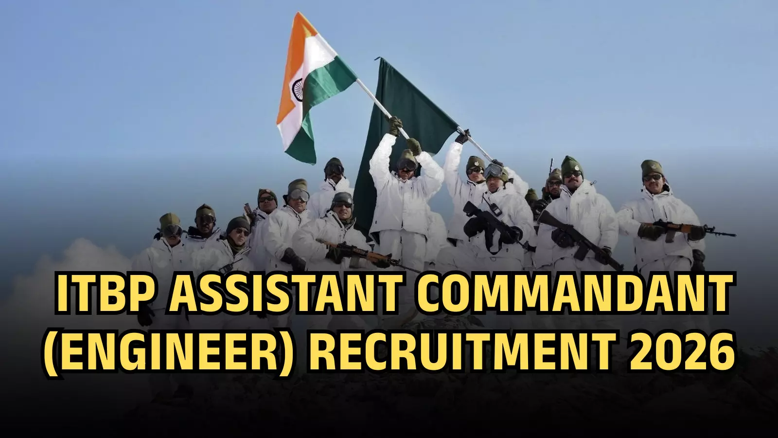 सफेद सैन्य पोशाक में ITBP के जवान बर्फीले पहाड़ पर तिरंगा और झंडा पकड़े हुए। सफेद सैन्य पोशाक में ITBP के जवान बर्फीले पहाड़ पर तिरंगा और झंडा पकड़े हुए।