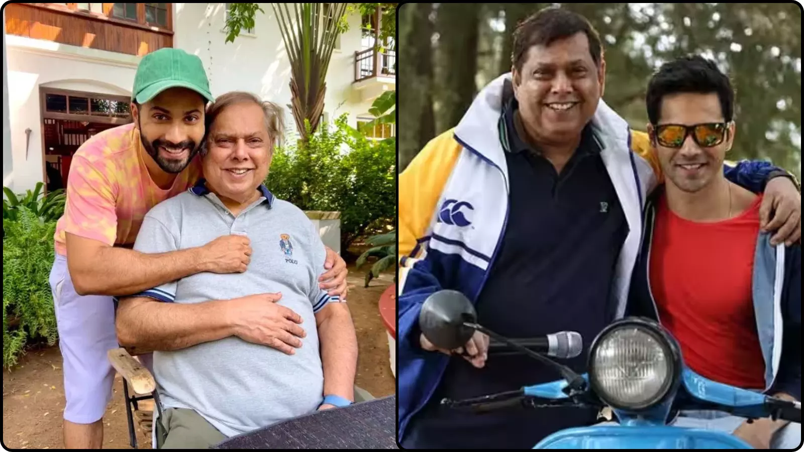बगीचे में और स्कूटर पर अभिनेता वरुण धवन अपने पिता डेविड धवन के साथ मुस्कुराते हुए। बगीचे में और स्कूटर पर अभिनेता वरुण धवन अपने पिता डेविड धवन के साथ मुस्कुराते हुए।