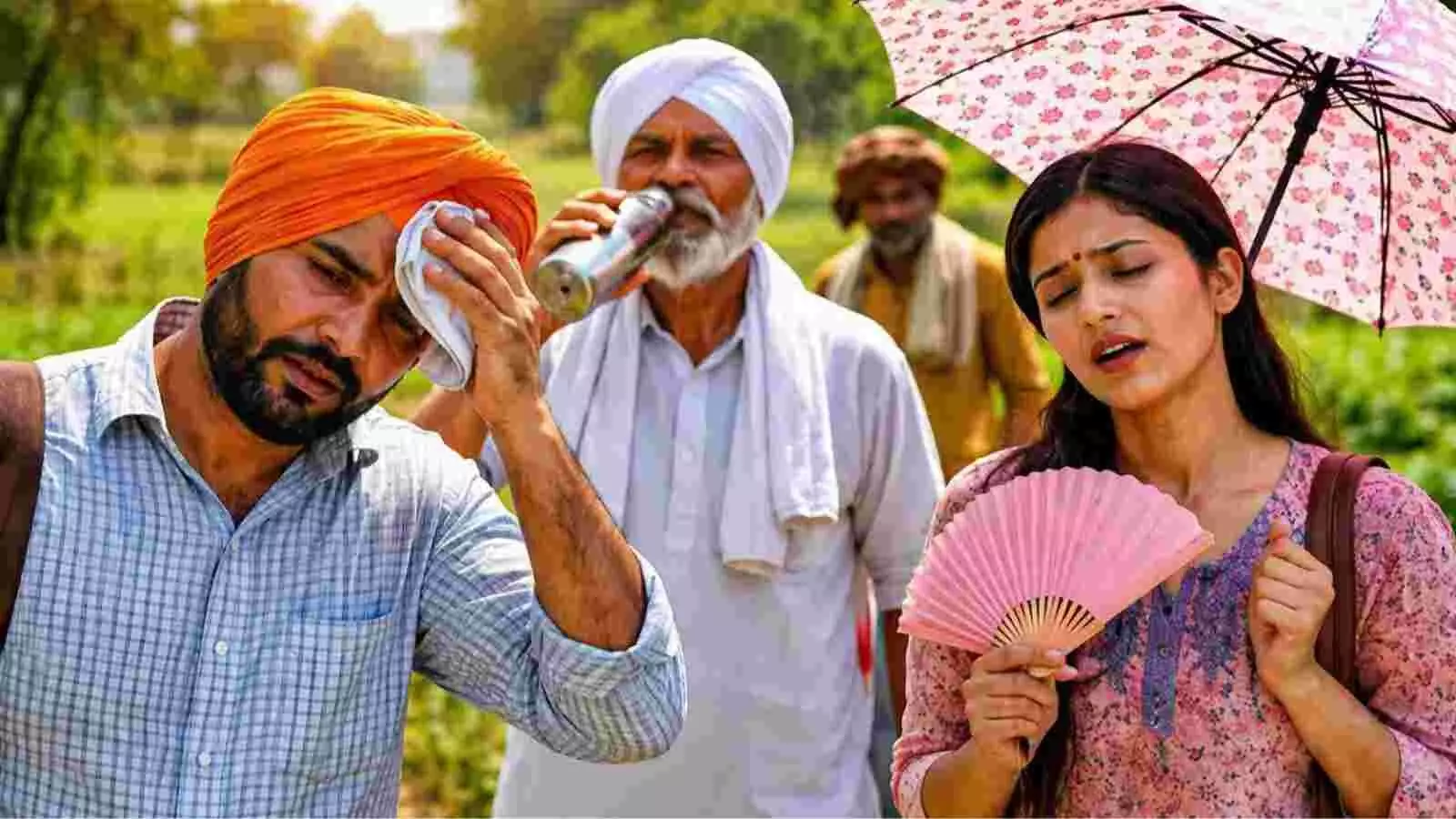 दिल्ली की गर्मी में धूप से बचते हुए लोग और पसीना पोंछता हुआ एक व्यक्ति। दिल्ली की गर्मी में धूप से बचते हुए लोग और पसीना पोंछता हुआ एक व्यक्ति।