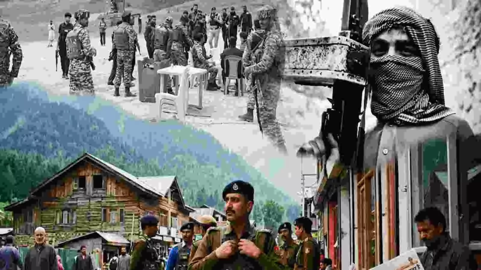 पहलगाम के बाजार में तैनात सुरक्षाकर्मी और अखबार पढ़ता हुआ एक स्थानीय नागरिक। पहलगाम के बाजार में तैनात सुरक्षाकर्मी और अखबार पढ़ता हुआ एक स्थानीय नागरिक।