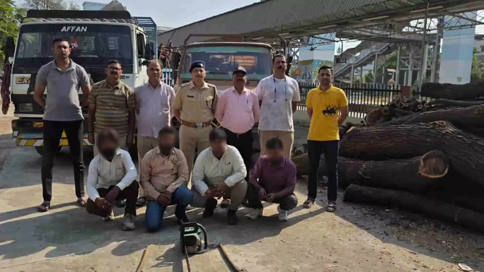 वडोदरा में रेलवे ट्रैक के पास जब्त की गई बबूल की लकड़ी और खड़े ट्रक। वडोदरा में रेलवे ट्रैक के पास जब्त की गई बबूल की लकड़ी और खड़े ट्रक।