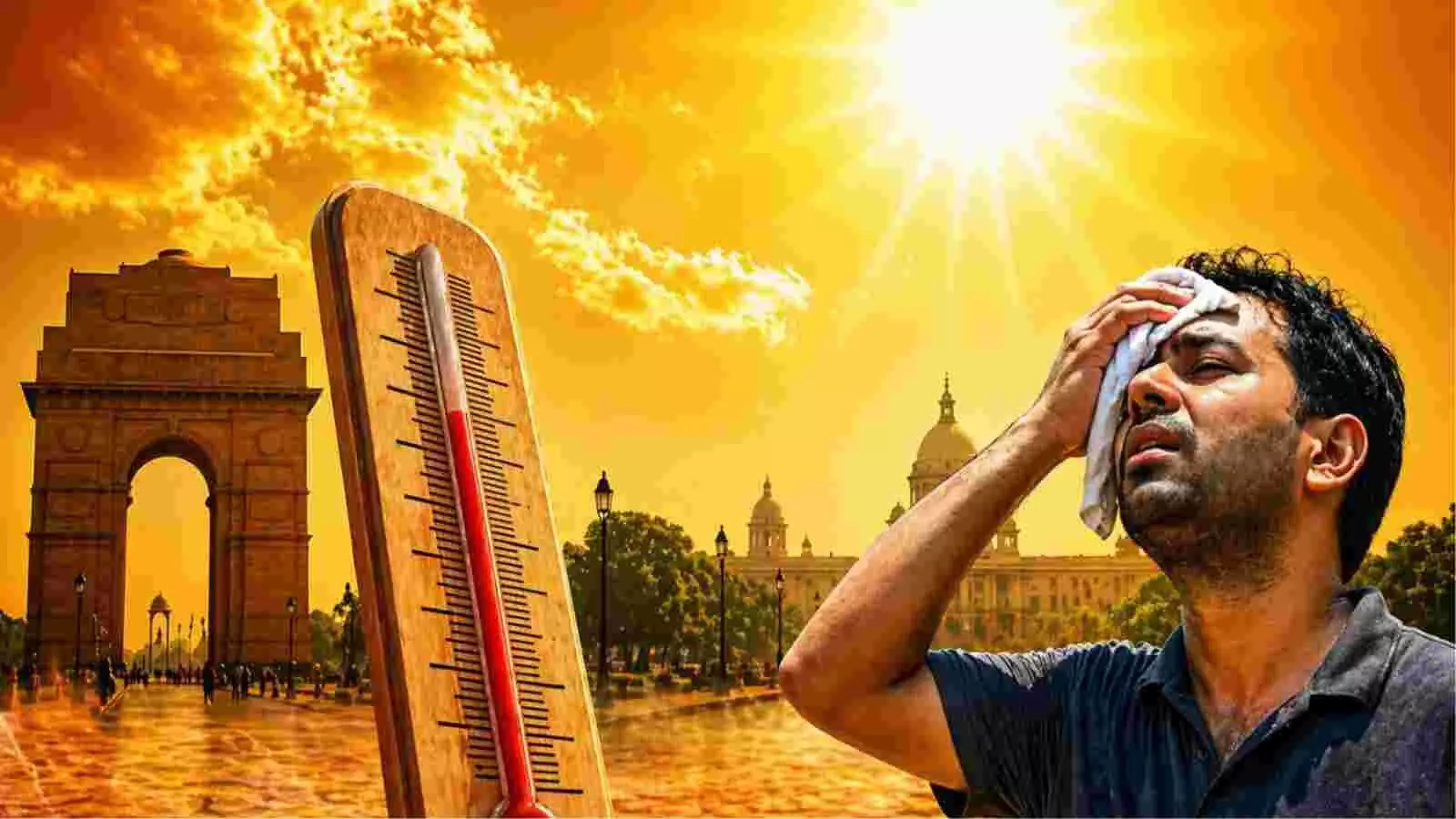 इंडिया गेट दिल्ली की पृष्ठभूमि में भीषण धूप के बीच माथा पोंछता हुआ एक व्यक्ति। इंडिया गेट दिल्ली की पृष्ठभूमि में भीषण धूप के बीच माथा पोंछता हुआ एक व्यक्ति।