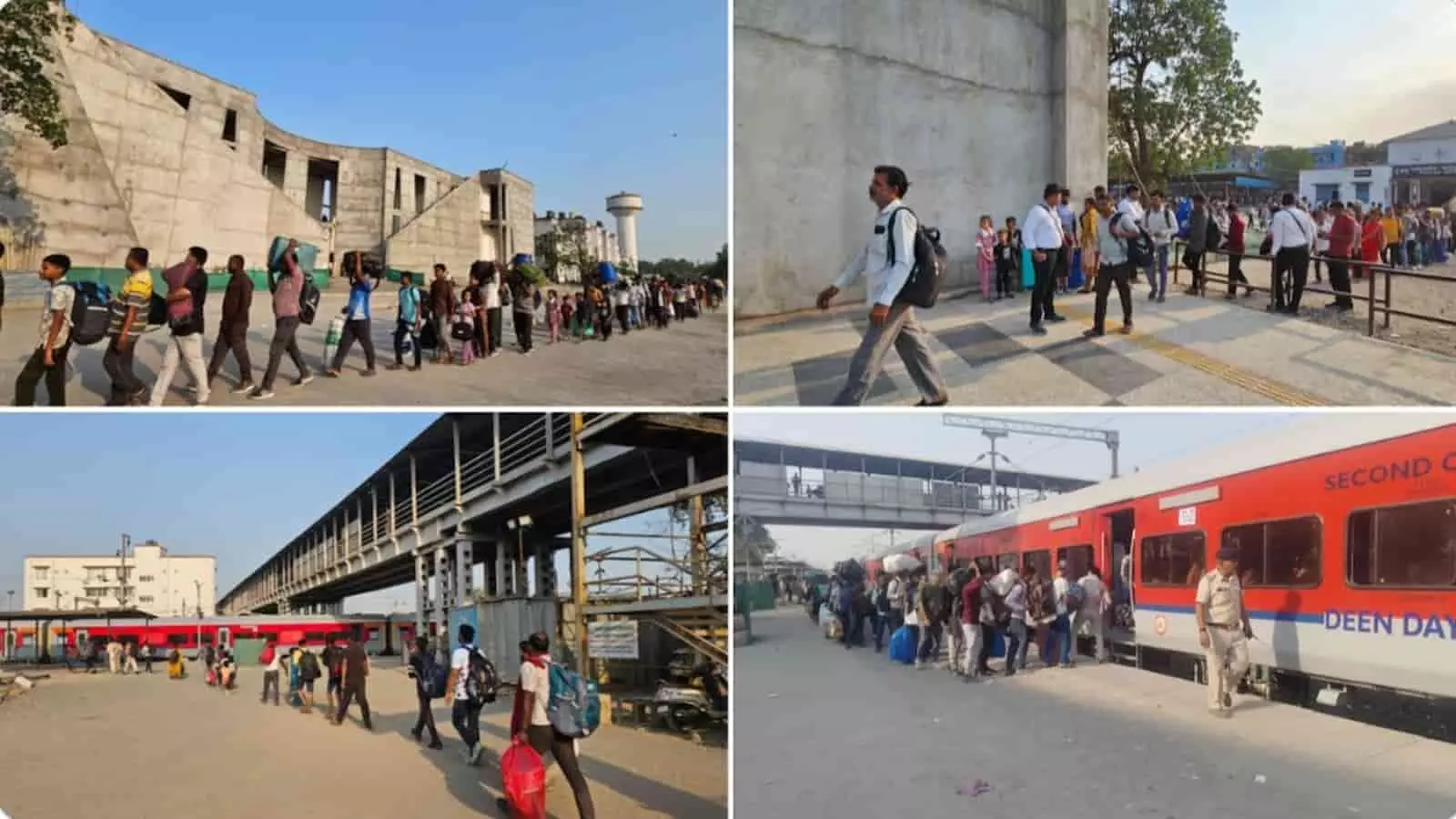 रेलवे स्टेशन के प्लेटफॉर्म पर ट्रेन में चढ़ते यात्री और भीड़ प्रबंधन करते सुरक्षाकर्मी। रेलवे स्टेशन के प्लेटफॉर्म पर ट्रेन में चढ़ते यात्री और भीड़ प्रबंधन करते सुरक्षाकर्मी।