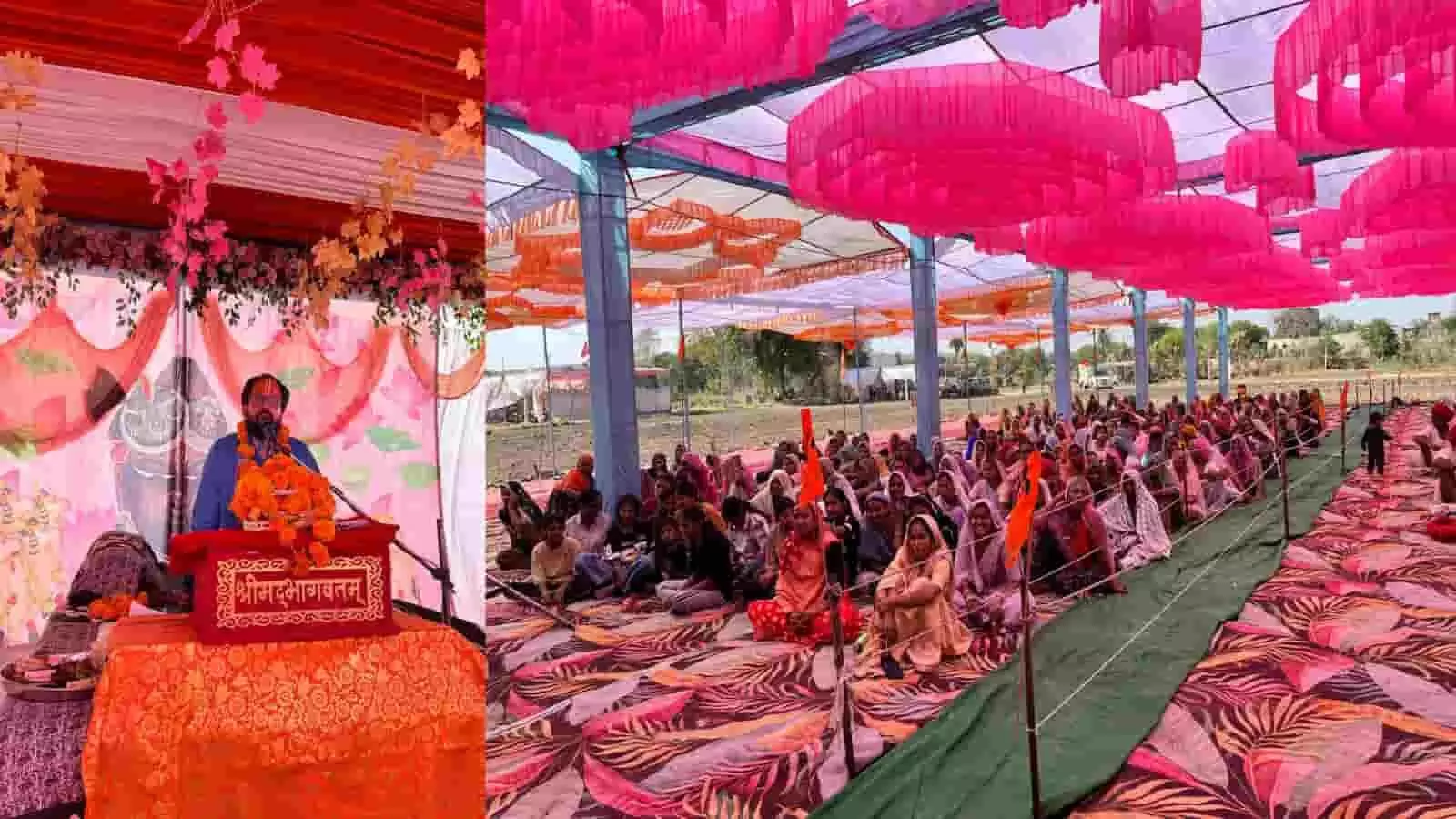 मुरोली में श्रीमद् भागवत कथा के दौरान मंच पर प्रवचन देते पंडित और पंडाल में बैठे श्रद्धालु। मुरोली में श्रीमद् भागवत कथा के दौरान मंच पर प्रवचन देते पंडित और पंडाल में बैठे श्रद्धालु।