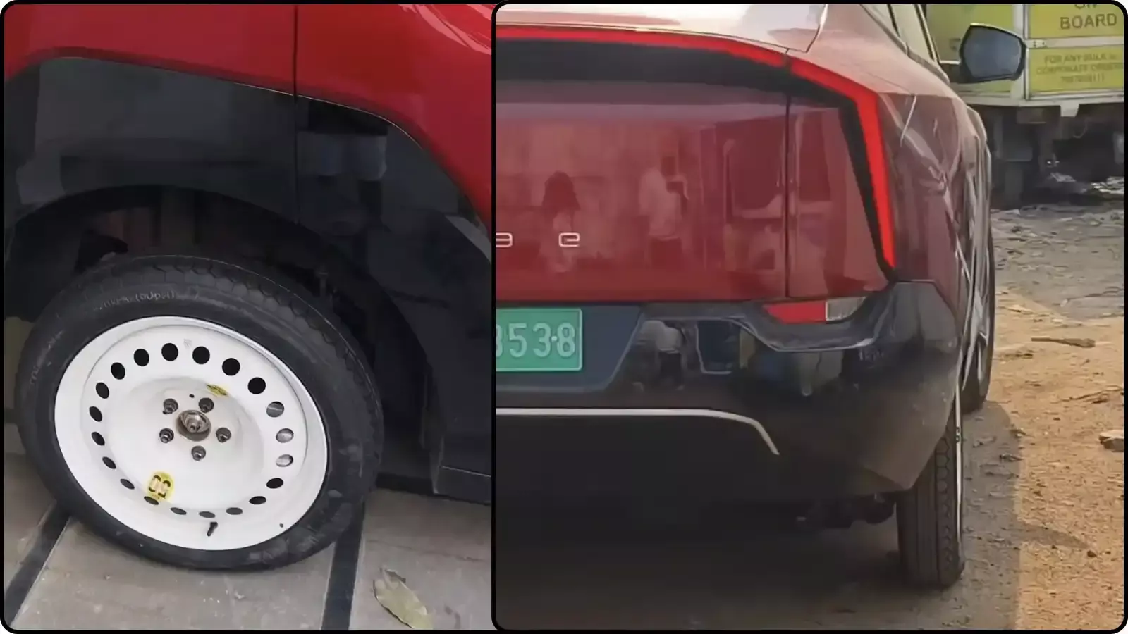 कार का पिछला हिस्सा और सफेद रिम वाला छोटा स्पेयर टायर सड़क किनारे खड़ी गाड़ी के संदर्भ में। कार का पिछला हिस्सा और सफेद रिम वाला छोटा स्पेयर टायर सड़क किनारे खड़ी गाड़ी के संदर्भ में।