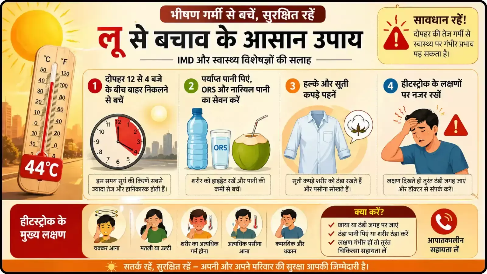 लू से बचाव के उपाय और हीटस्ट्रोक के लक्षण बताने वाला इन्फोग्राफिक चार्ट। लू से बचाव के उपाय और हीटस्ट्रोक के लक्षण बताने वाला इन्फोग्राफिक चार्ट।