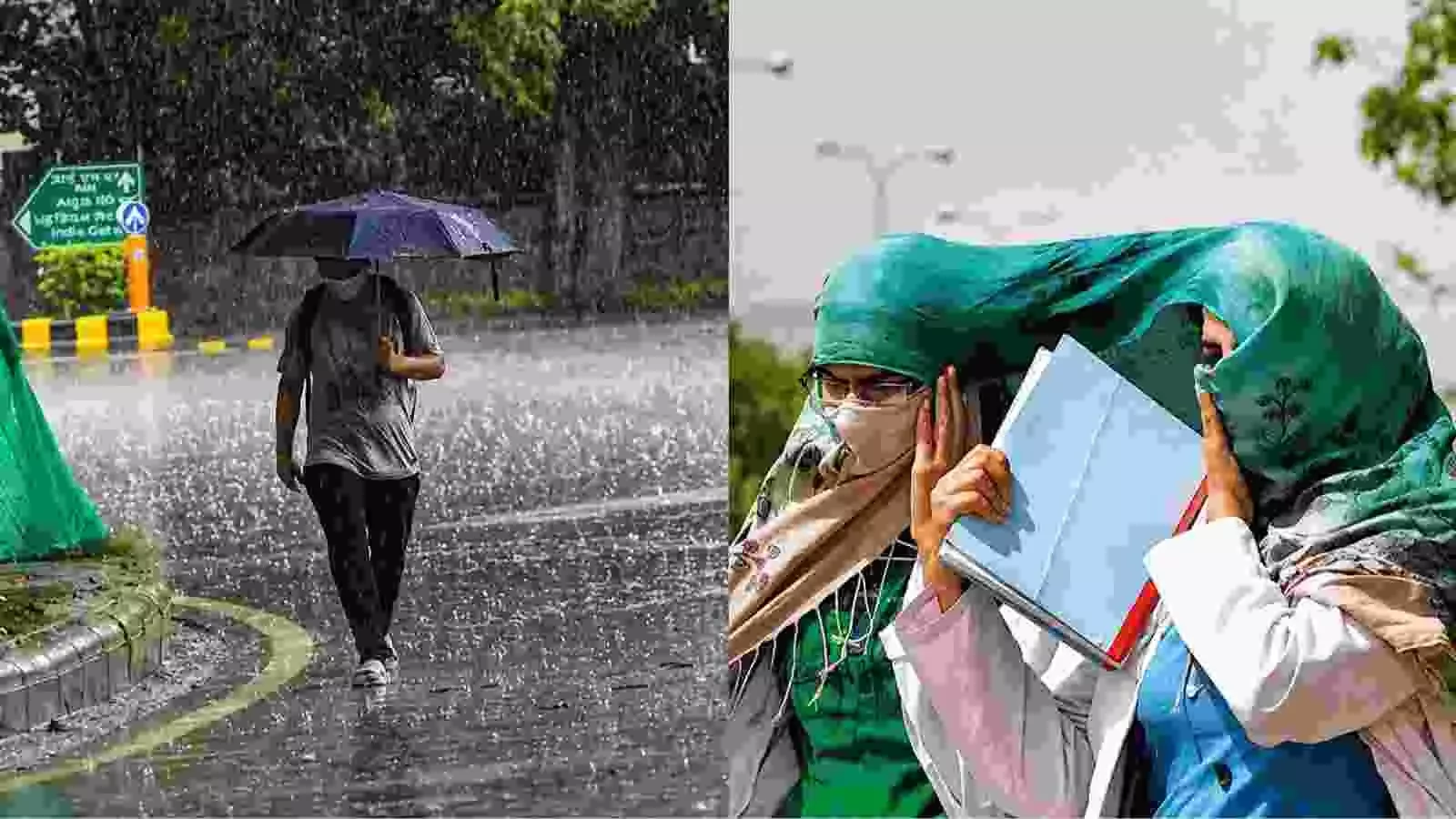 बारिश में छाता लिए व्यक्ति और धूप से बचने के लिए चेहरा ढकी दो महिलाएं उत्तर भारत में।