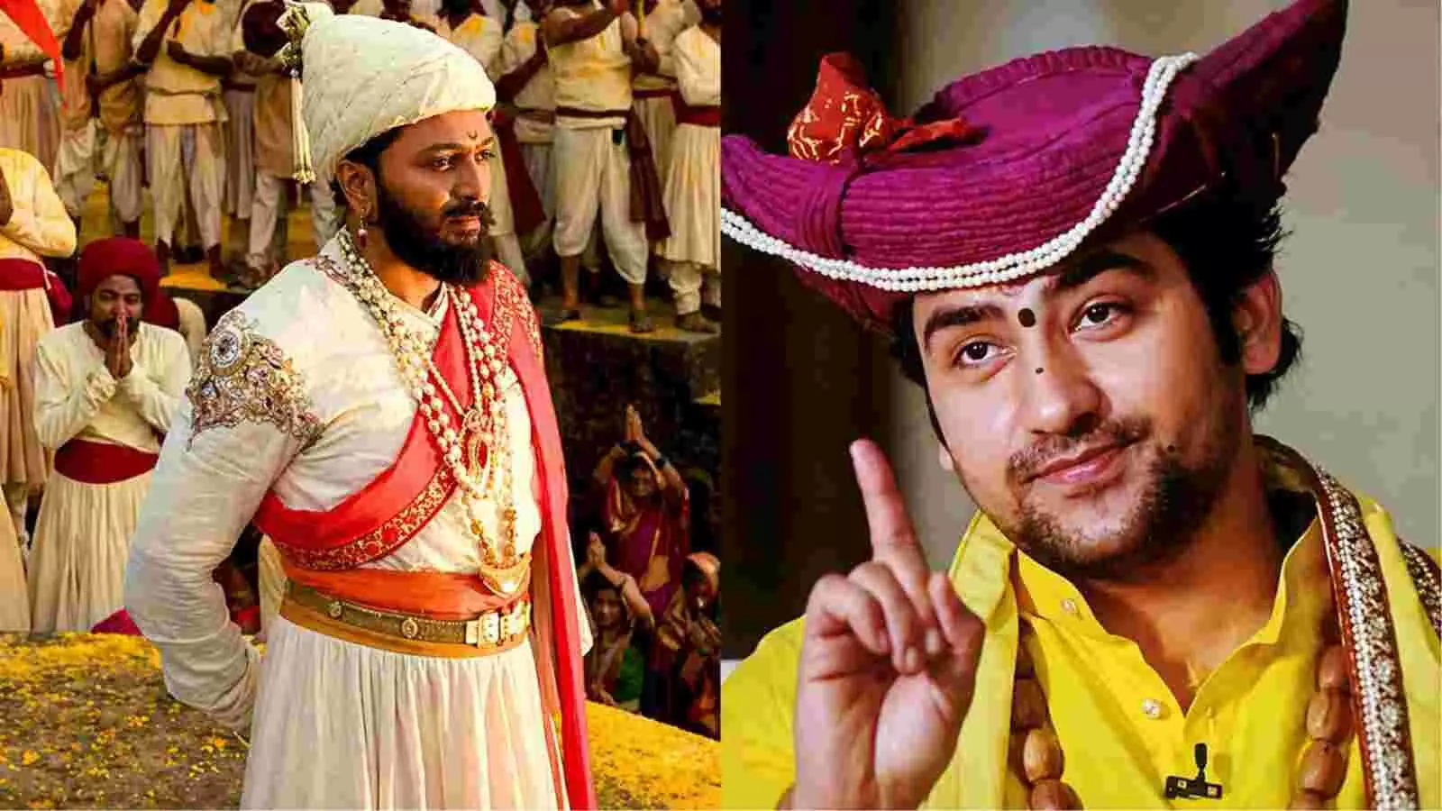 अभिनेता रितेश देशमुख शिवाजी महाराज की वेशभूषा में और धीरेन्द्र शास्त्री धार्मिक मंच पर दिख रहे हैं।