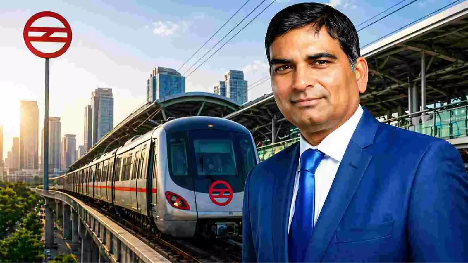 नीले सूट में संजय जमुआर दिल्ली मेट्रो के विस्तार के संदर्भ में खड़े हैं। नीले सूट में संजय जमुआर दिल्ली मेट्रो के विस्तार के संदर्भ में खड़े हैं।