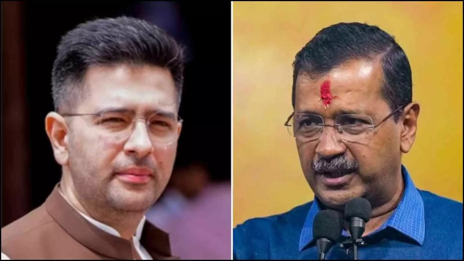आम आदमी पार्टी नेता राघव चड्ढा और अरविंद केजरीवाल की फोटो का कोलाज राज्यसभा सांसदों के भाजपा में विलय के संदर्भ में।
