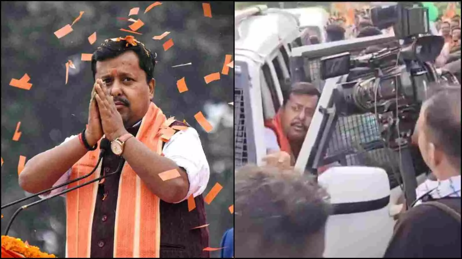 चुनावी रैली में जनता का अभिवादन करते भाजपा अध्यक्ष नितिन नबीन और सुरक्षा वाहन में सवार उनका एक दृश्य।