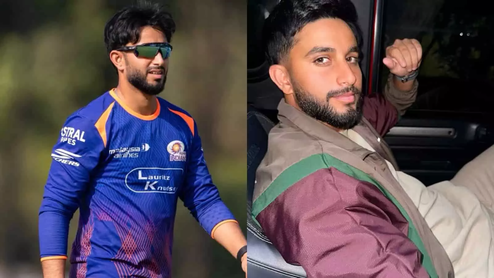 नीली जर्सी और कैजुअल कपड़ों में भारतीय स्पिनर मयंक मार्कंडे की दो तस्वीरों का कोलाज। नीली जर्सी और कैजुअल कपड़ों में भारतीय स्पिनर मयंक मार्कंडे की दो तस्वीरों का कोलाज।