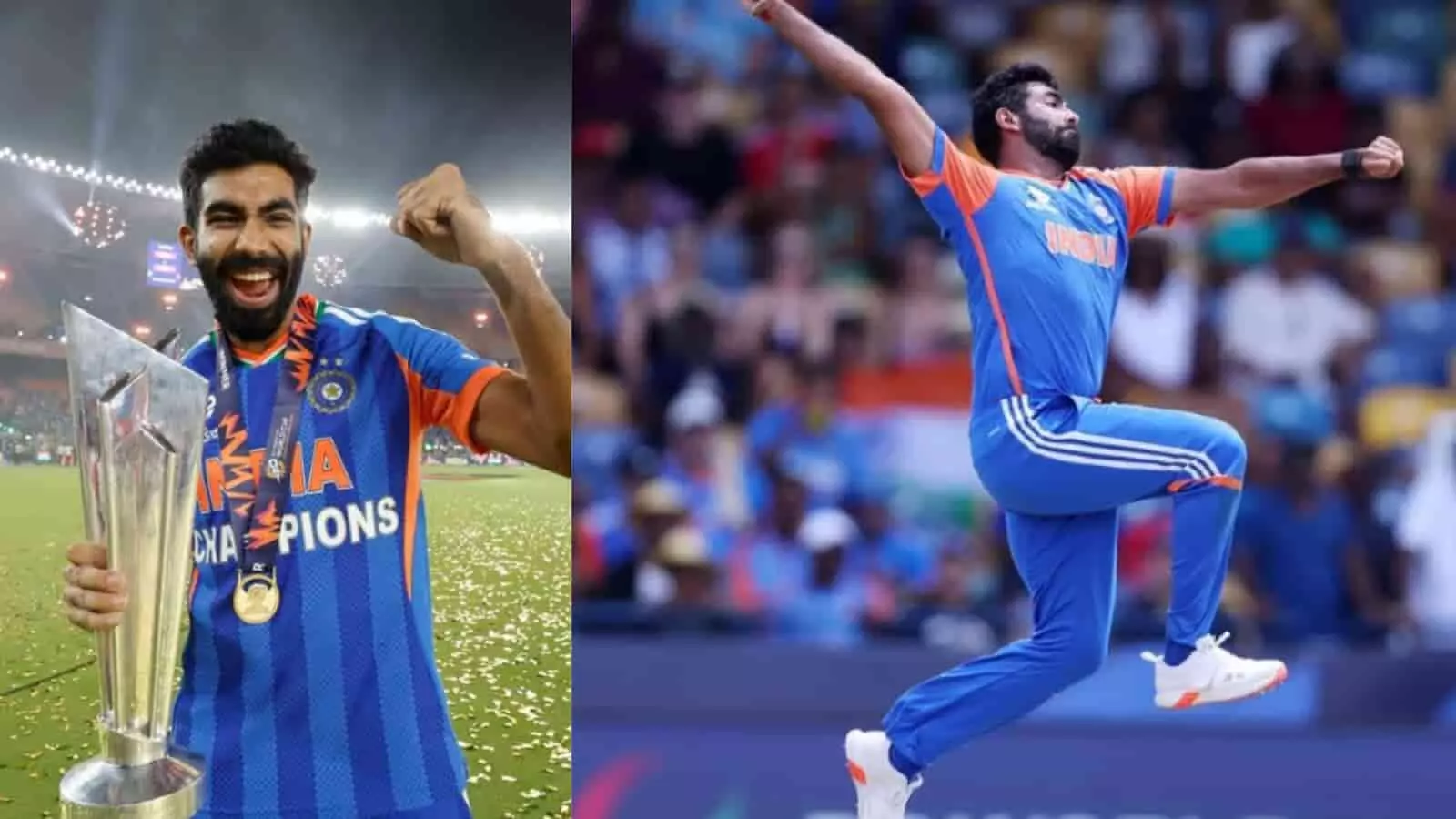 टी20 विश्व कप की ट्रॉफी पकड़े हुए और मैदान पर गेंदबाजी करते जसप्रीत बुमराह की संयुक्त तस्वीर। टी20 विश्व कप की ट्रॉफी पकड़े हुए और मैदान पर गेंदबाजी करते जसप्रीत बुमराह की संयुक्त तस्वीर।