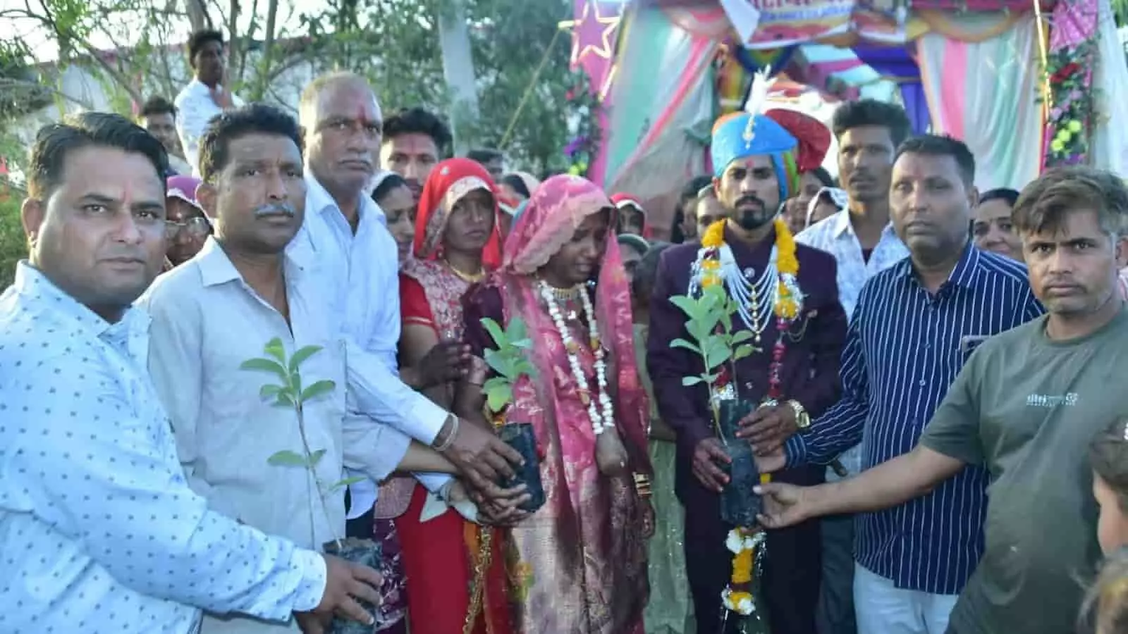 अरनिया गांव में विवाह के दौरान दूल्हा और ग्रामीण हाथों में अमरूद के पौधे थामे हुए। अरनिया गांव में विवाह के दौरान दूल्हा और ग्रामीण हाथों में अमरूद के पौधे थामे हुए।