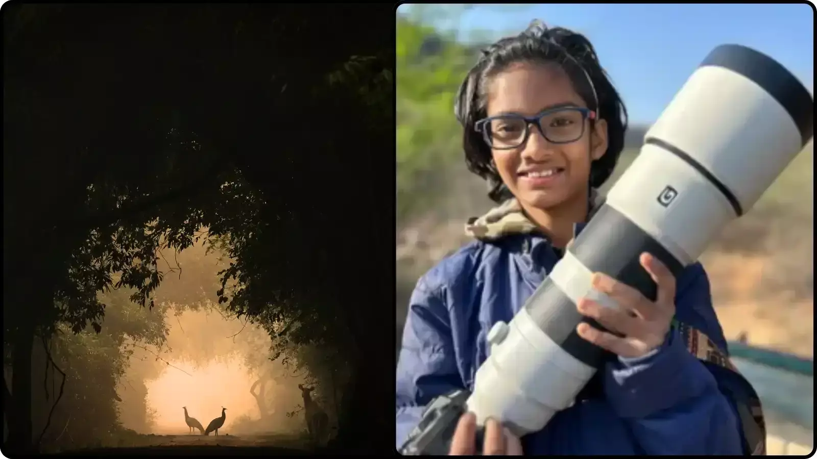 चश्मा पहने हुए श्रेयोवी मेहता हाथ में बड़ा कैमरा लिए हुए और बगल में मोरों की तस्वीर।