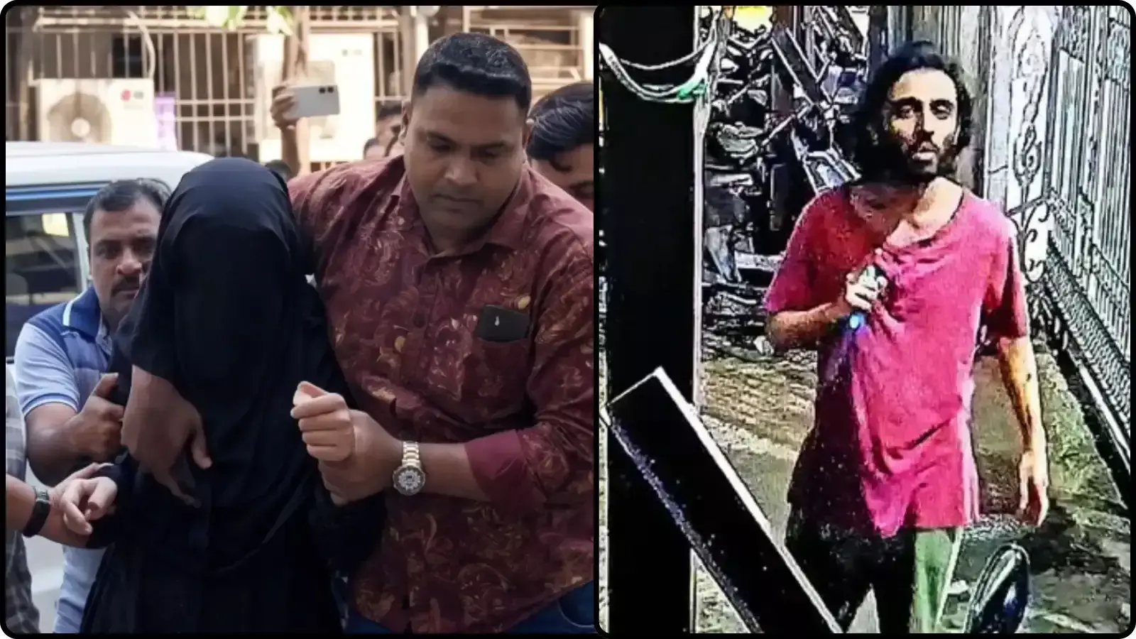 पुलिसकर्मियों के साथ चल रहा एक व्यक्ति और पास में सीसीटीवी फुटेज की धुंधली तस्वीर। पुलिसकर्मियों के साथ चल रहा एक व्यक्ति और पास में सीसीटीवी फुटेज की धुंधली तस्वीर।