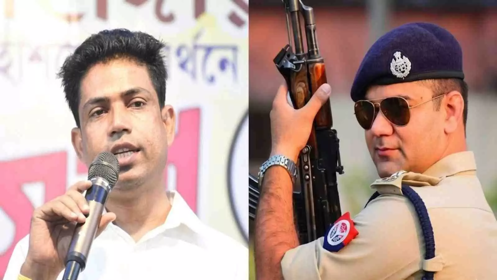 सफेद शर्ट में भाषण देते जहांगीर खान और पुलिस की वर्दी में एके-47 के साथ अजय पाल शर्मा।
