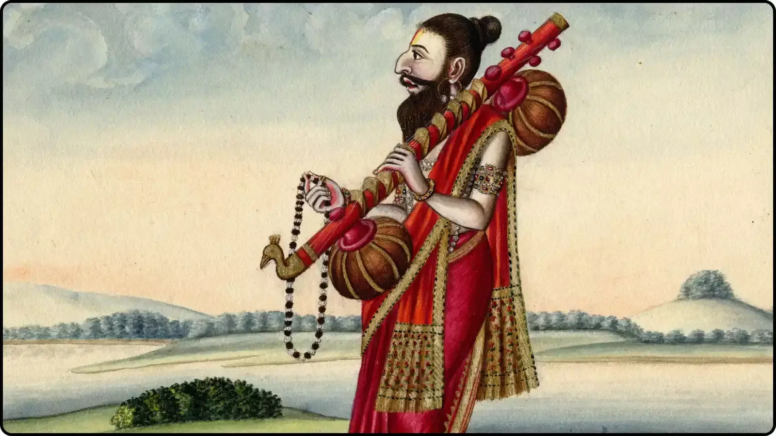 वीणा और माला धारण किए हुए नारद मुनि एक प्राकृतिक पृष्ठभूमि में नारद जयंती के संदर्भ में। वीणा और माला धारण किए हुए नारद मुनि एक प्राकृतिक पृष्ठभूमि में नारद जयंती के संदर्भ में।