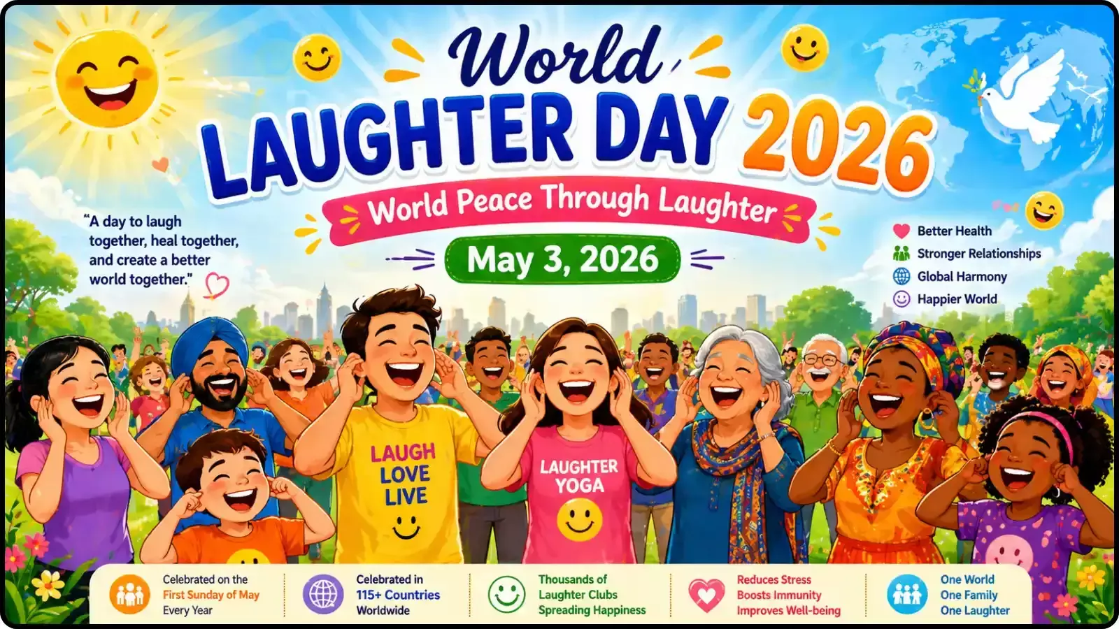 मुस्कुराते चेहरों वाला सूचनात्मक पोस्टर जिसमें विश्व हास्य दिवस के लाभ और इतिहास दर्शाया गया है। मुस्कुराते चेहरों वाला सूचनात्मक पोस्टर जिसमें विश्व हास्य दिवस के लाभ और इतिहास दर्शाया गया है।