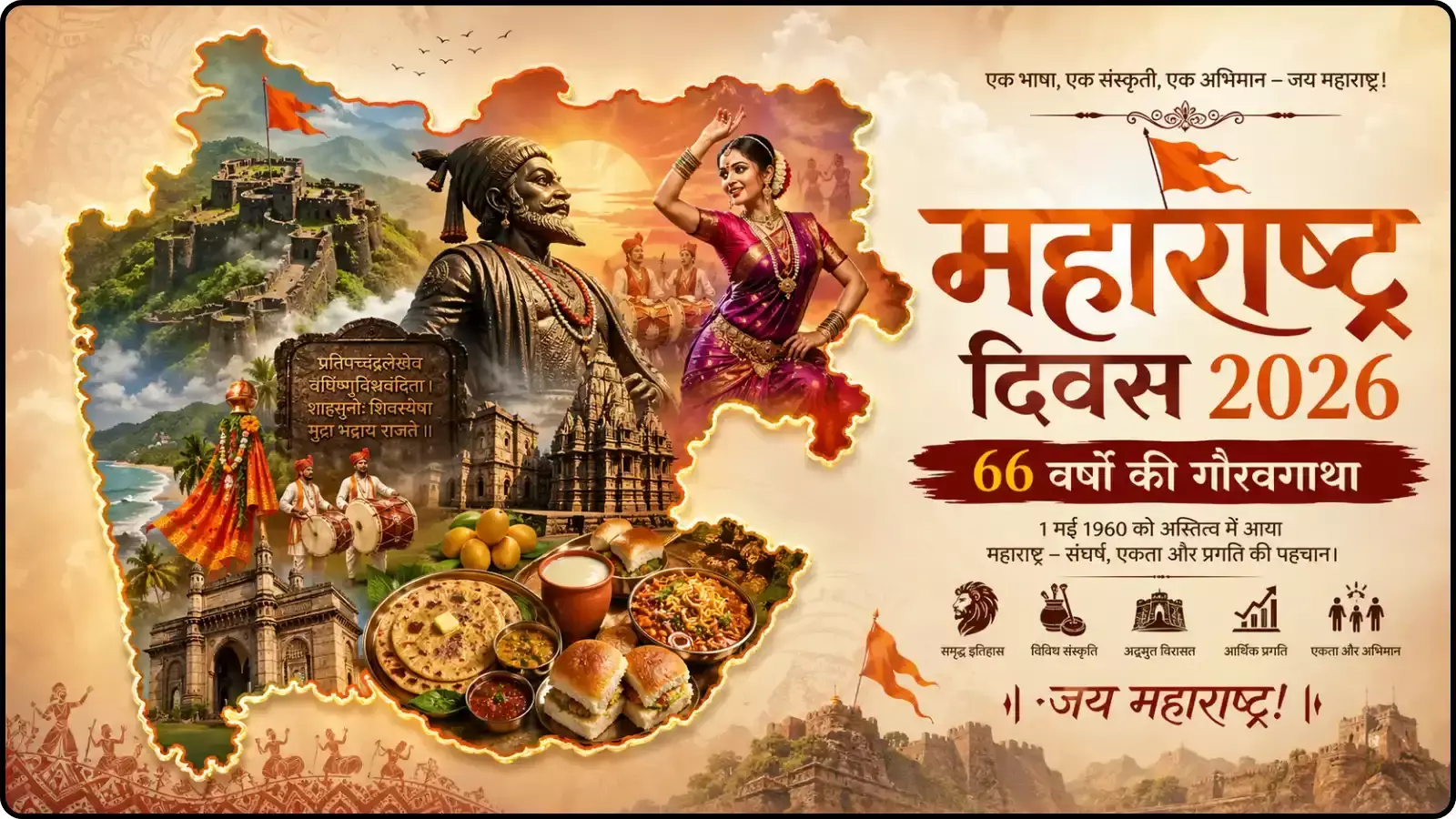 महाराष्ट्र के नक्शे और सांस्कृतिक प्रतीकों वाला सूचनात्मक पोस्टर राज्य स्थापना दिवस के संदर्भ में। महाराष्ट्र के नक्शे और सांस्कृतिक प्रतीकों वाला सूचनात्मक पोस्टर राज्य स्थापना दिवस के संदर्भ में।