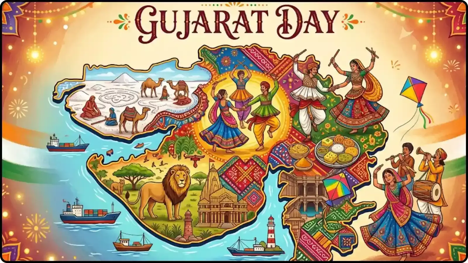 गुजरात के नक्शे और सांस्कृतिक प्रतीकों वाला सूचनात्मक पोस्टर राज्य की विरासत के संदर्भ में। गुजरात के नक्शे और सांस्कृतिक प्रतीकों वाला सूचनात्मक पोस्टर राज्य की विरासत के संदर्भ में।