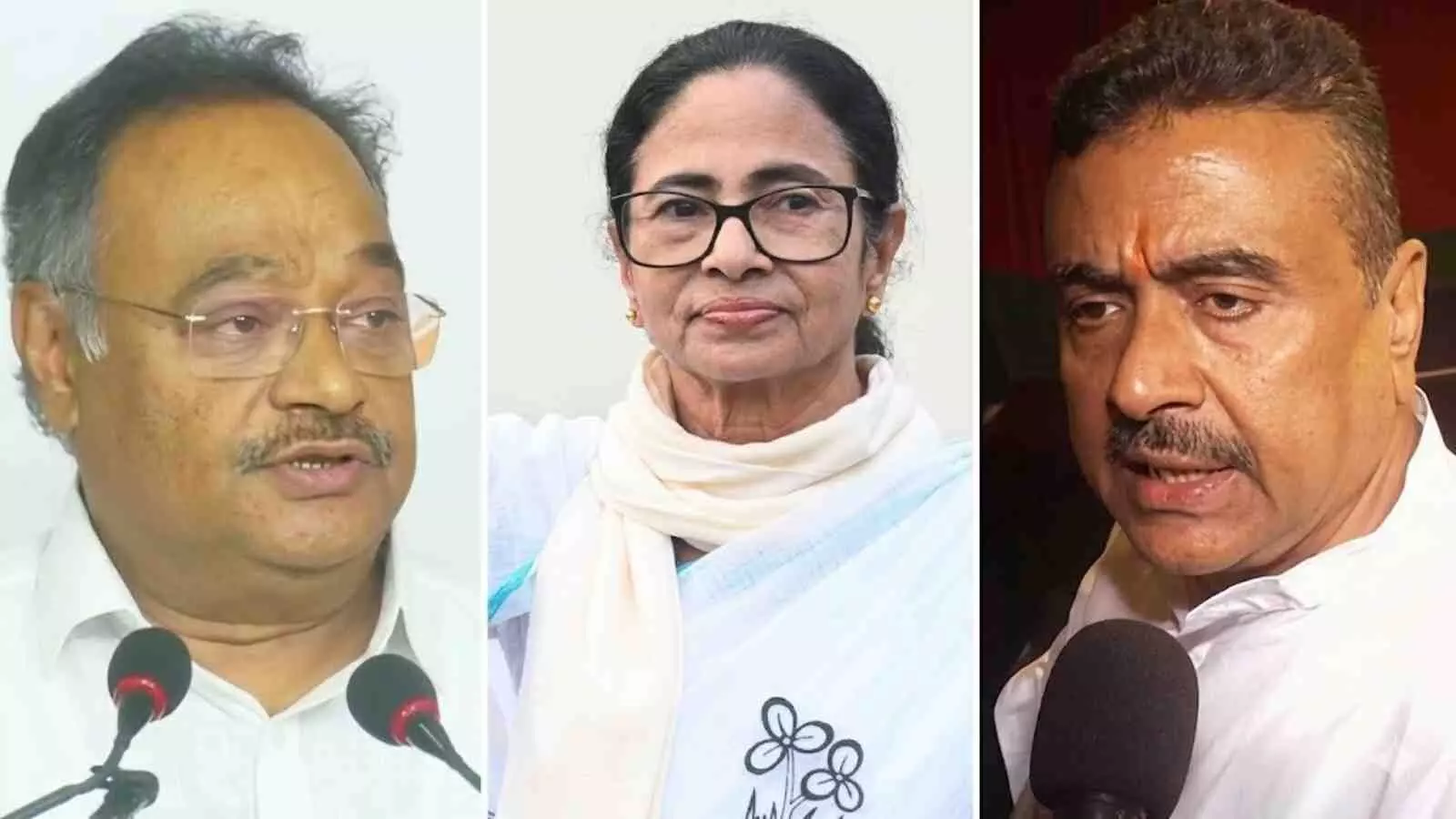 स्क्रीन पर तीन अलग-अलग फ्रेम में समिक भट्टाचार्य, ममता बनर्जी और सुवेंदु अधिकारी चुनावी चर्चा के दौरान दिख रहे हैं।