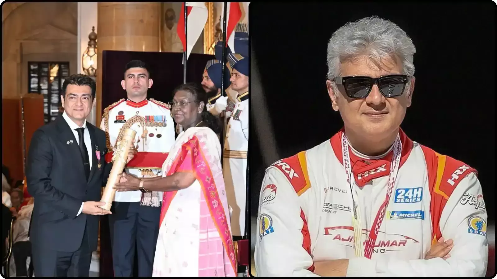 राष्ट्रपति भवन में राष्ट्रपति द्रौपदी मुर्मू से पद्म भूषण लेते अभिनेता अजीत कुमार और उनकी रेसिंग पोशाक वाली तस्वीर।