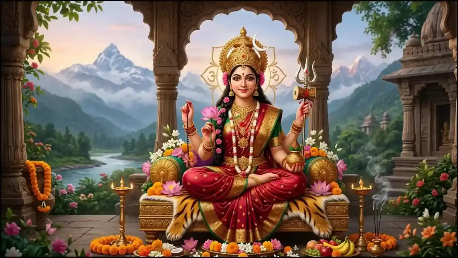लाल वस्त्र धारण किए कमल पर विराजमान माँ पार्वती का आशीर्वाद मुद्रा में एक चित्रण। लाल वस्त्र धारण किए कमल पर विराजमान माँ पार्वती का आशीर्वाद मुद्रा में एक चित्रण।