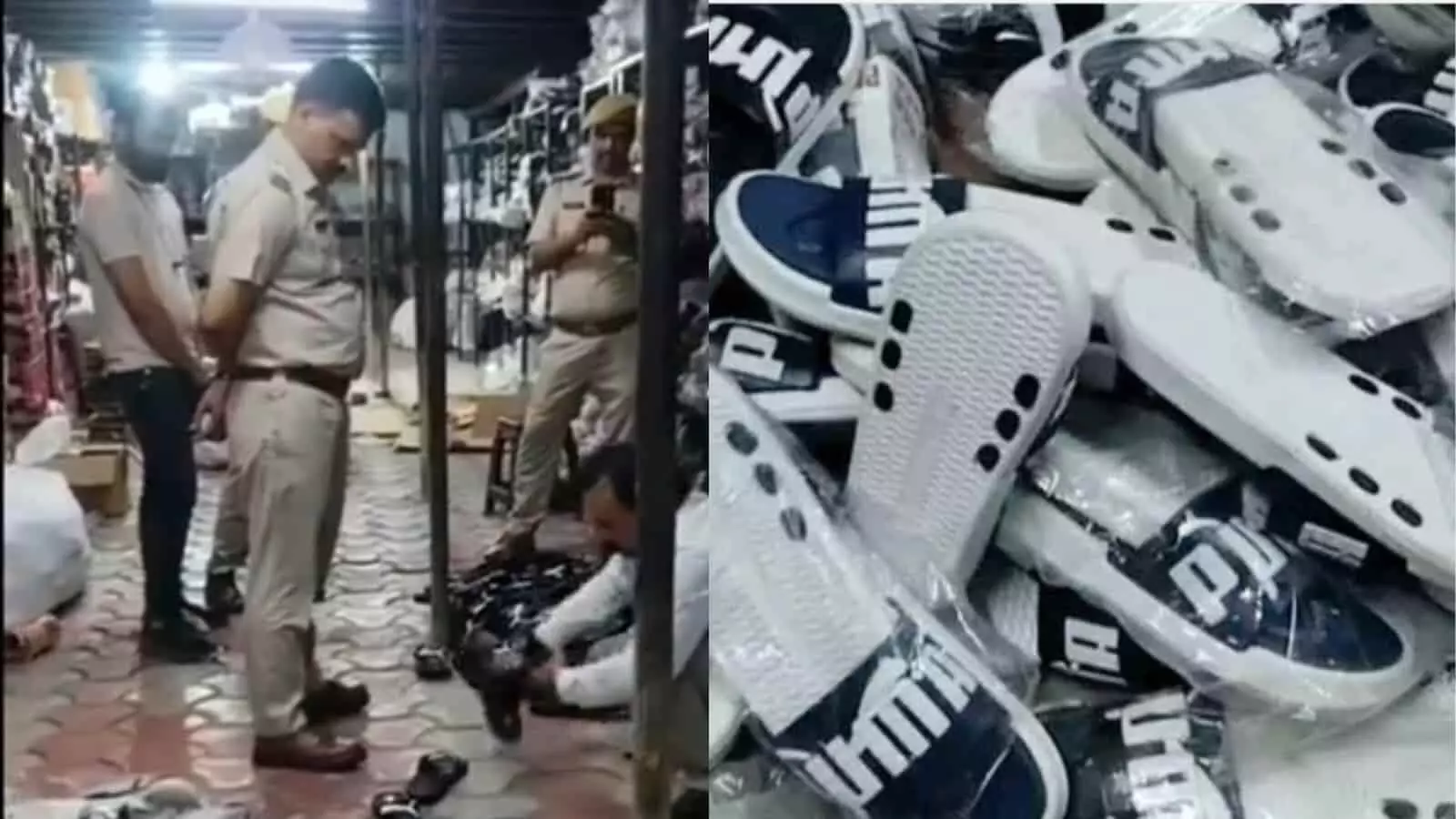 दुकान के अंदर पुलिसकर्मी और भारी मात्रा में रखे नकली ब्रांडेड जूते और चप्पल।